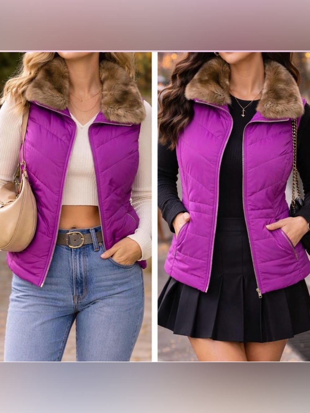 Talbots Purple Puffer Vest Fur‎ Collar Sz XS Luxe Barbie Girlhoodcore Dopamine